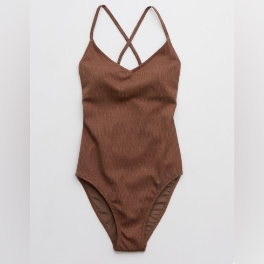 Aerie Shine Pique Strappy Back One Piece Swimsuit Gold Shimmer Brown Size L